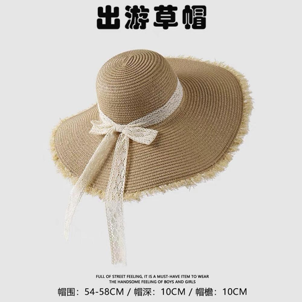 Straw hat ins lace-up hollow straw hat women's summer travel sun protection beach seaside sun hat lace edge sun hat