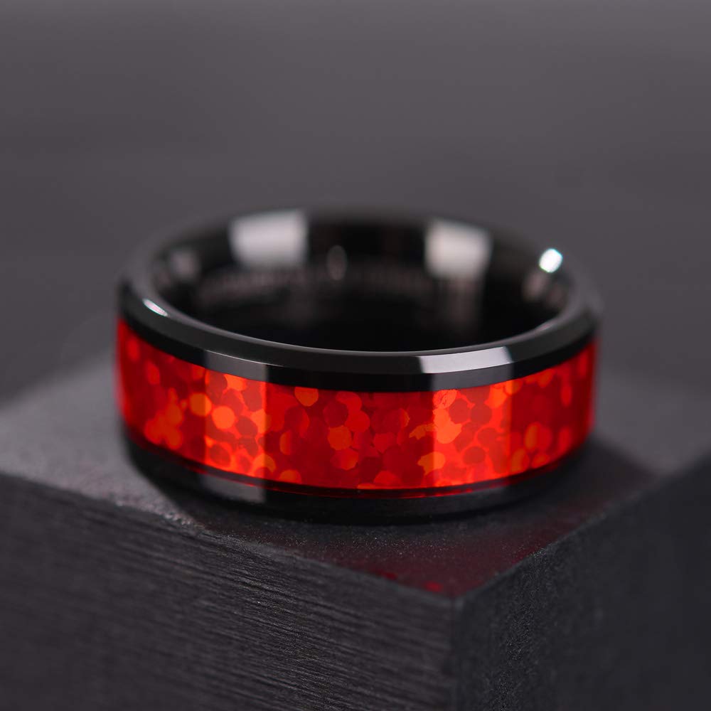 Fashion 4/6/8mm Black Titanium Stainless Steel Wedding Rings Inlay Imitation Red Opal Rings For Men Women Wedding Band Jewelry