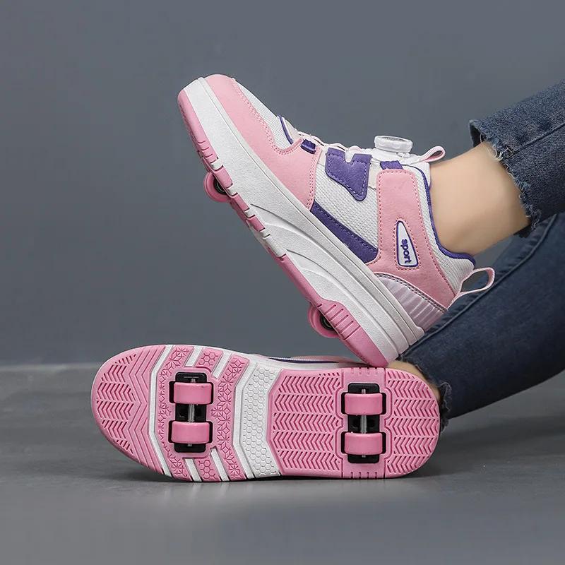 Women's Sneaker with 4 Wheels Racing Roller Skate Shoes Children's 2-in-1 Removable Roller Skating Shoes for Skating and Parkour
