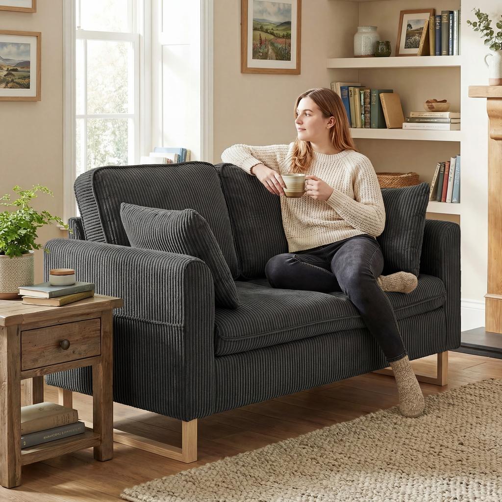 2 Seater Sofa, 140 Cm Loveseat Sofa with Spring Cushions, Metal Legs, 2 Pillows, Dark Grey