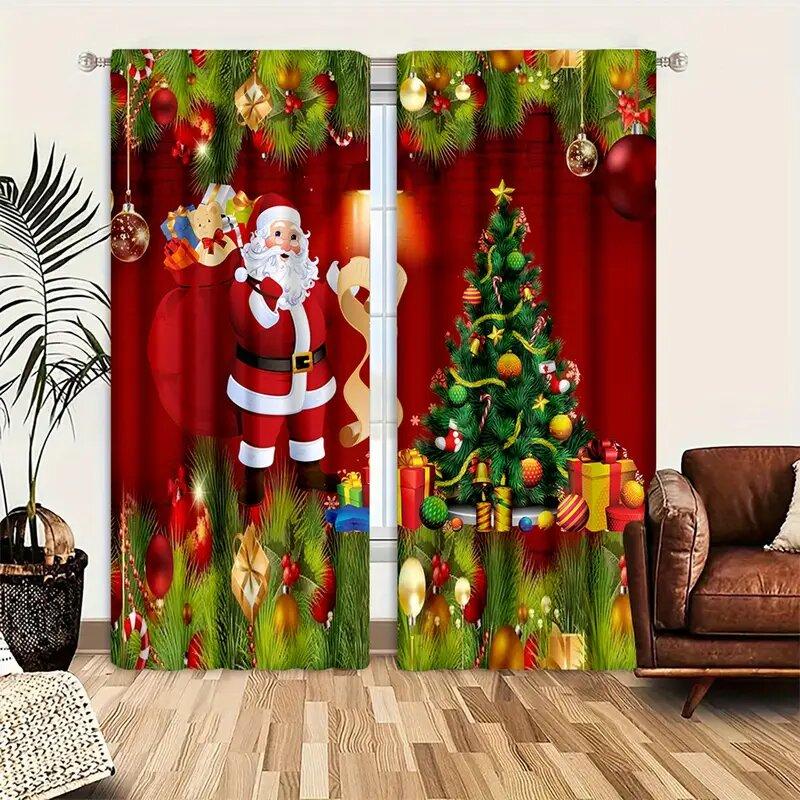 2 Pieces Christmas Window Curtain/set Santa And Tree Print Decorations for Home Room Decoration Christmas Thematic