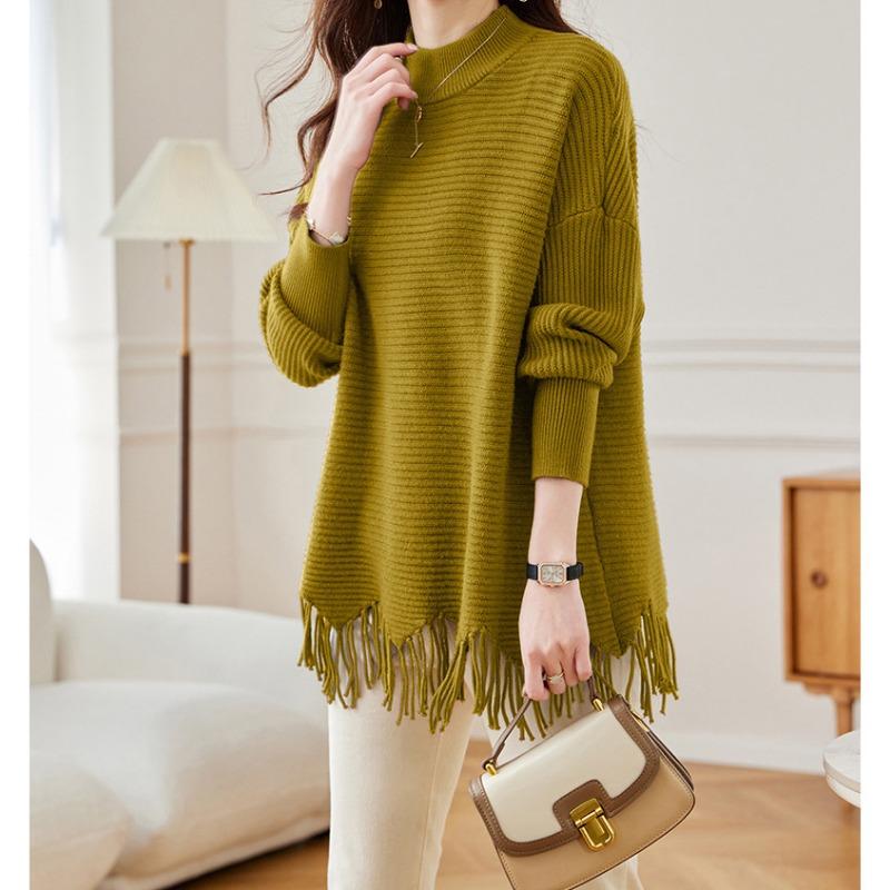 Medium and long fringed cape sweater femininity semi-turtleneck autumn and winter new loose large size knitted sweater
