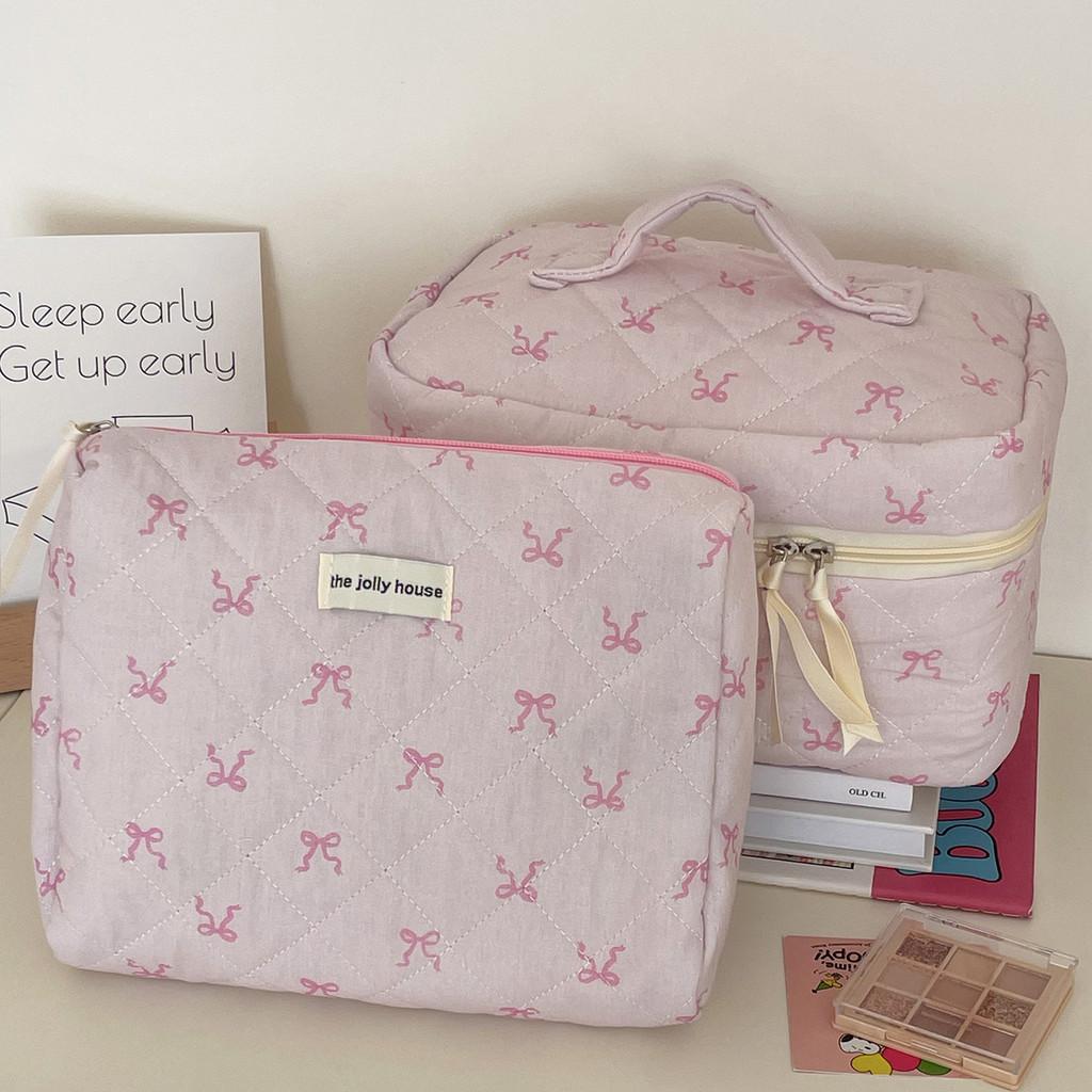 Cotton Pink Ribbon Bow Makeup Bag With Breathable Design For Students And Daily Use
