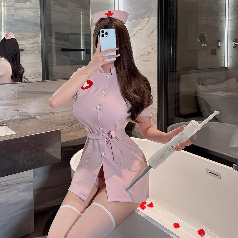 Nurse Sexy Halloween Open Extremely Navel 4 Piece Stockings Included [YAISHN] Uniform, Costume, Costume, Front, White, Pink, Sexy, Erotic, Cute,