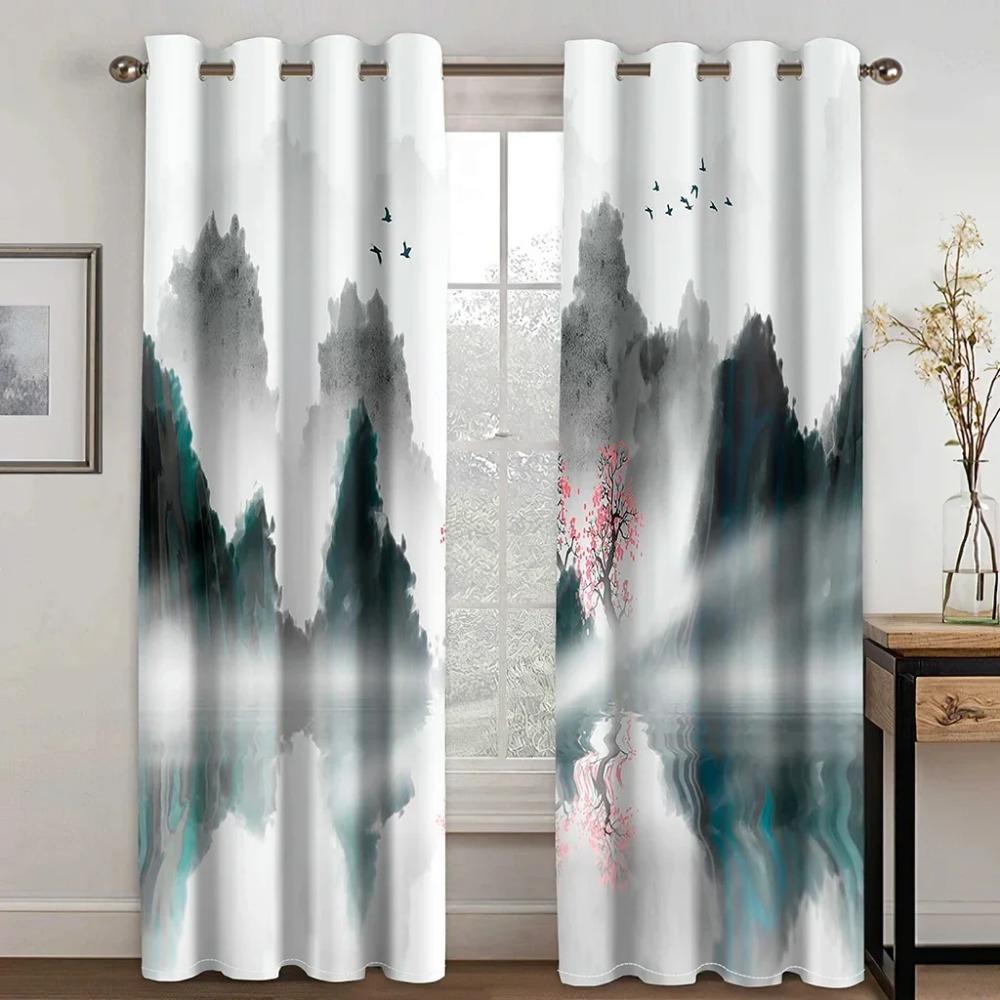 Japanese Style Chinese Painting Landscape Cloud High Shading Curtain for Bedroom Living Room Hotel Window 2 Pcs Blackout Drape