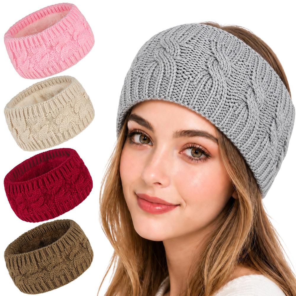 Women's Winter Cable Knit Headband with Velvet, Warm Wide Ear Protection for Sports