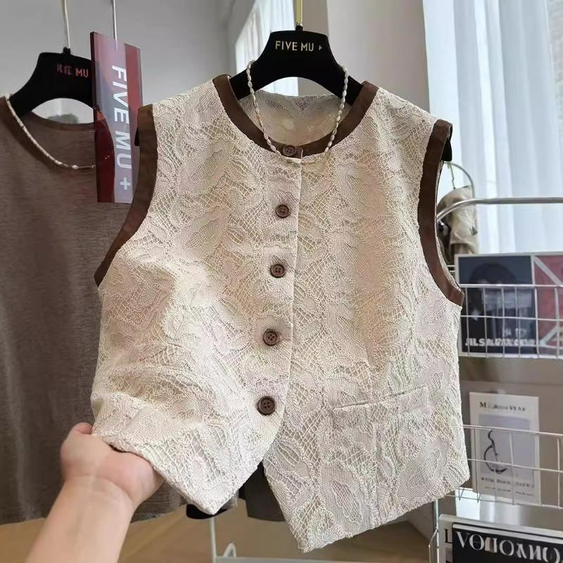 Women Lace Sleeveless Round Neck Single Breasted Vest Top