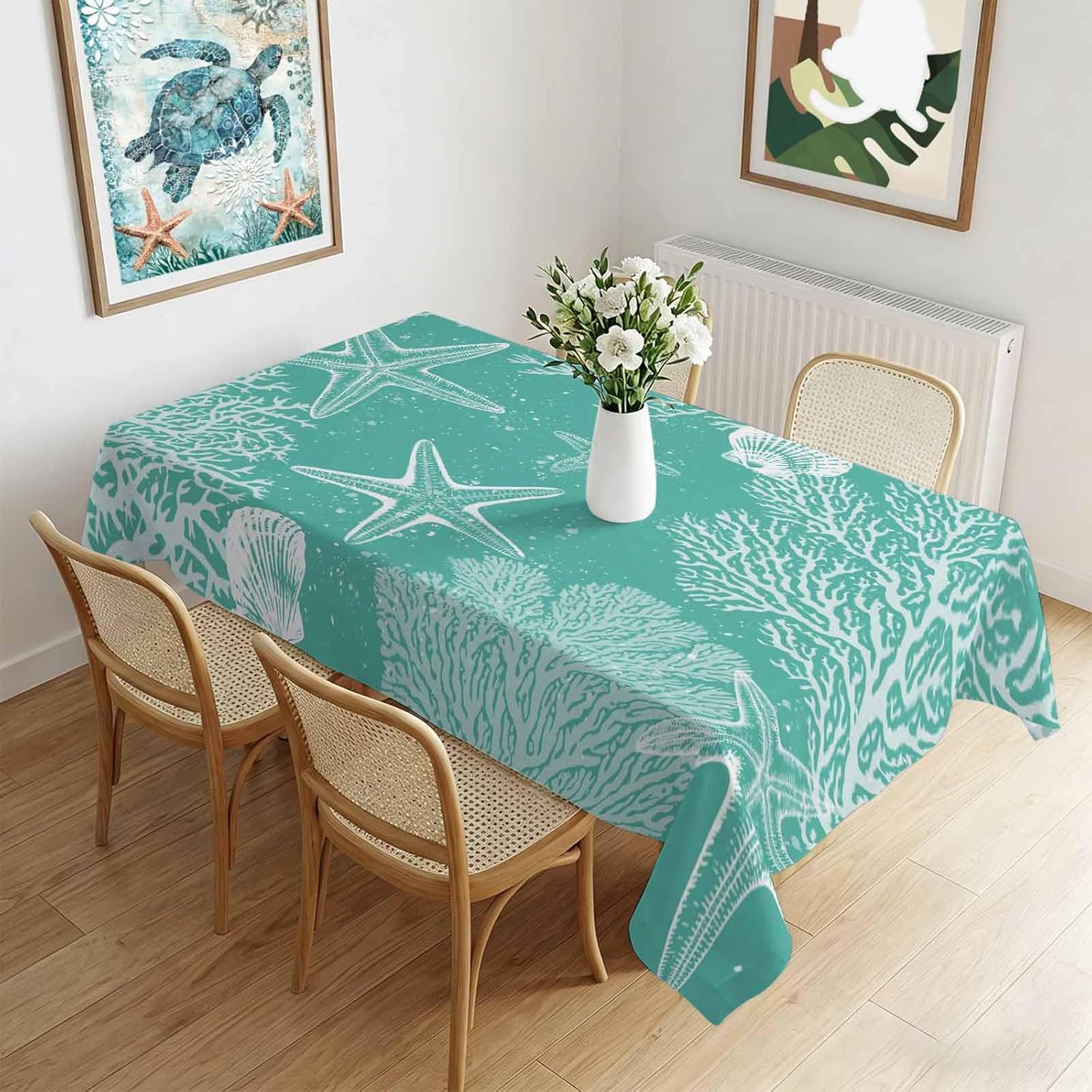 Jmg Household Supplies Unisex Turquoise/Coral Summer Shell Rectangle Tablecloth For Table Decor Reusable Kitchen Dining Tablecloth Holiday Party Wedding Decor