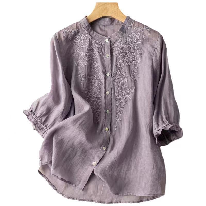 Export medium-sleeved cotton and linen shirt women's embroidery new thin cotton and linen top temperament loose and beautiful shirt women