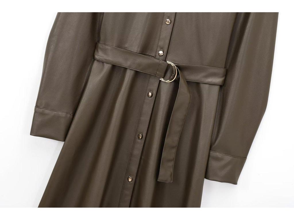 Women's 2025 Faux Leather Long-Sleeve Belted Shirt Dress – Winter Collection