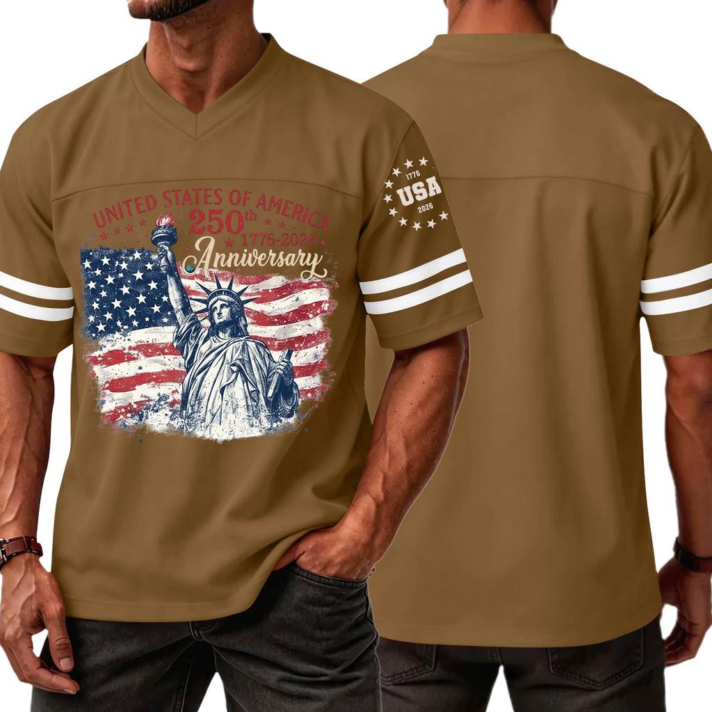Mens V Neck Short Sleeve Jersey Style T Shirt with States 250th Anniversary Print and Flag Graphic