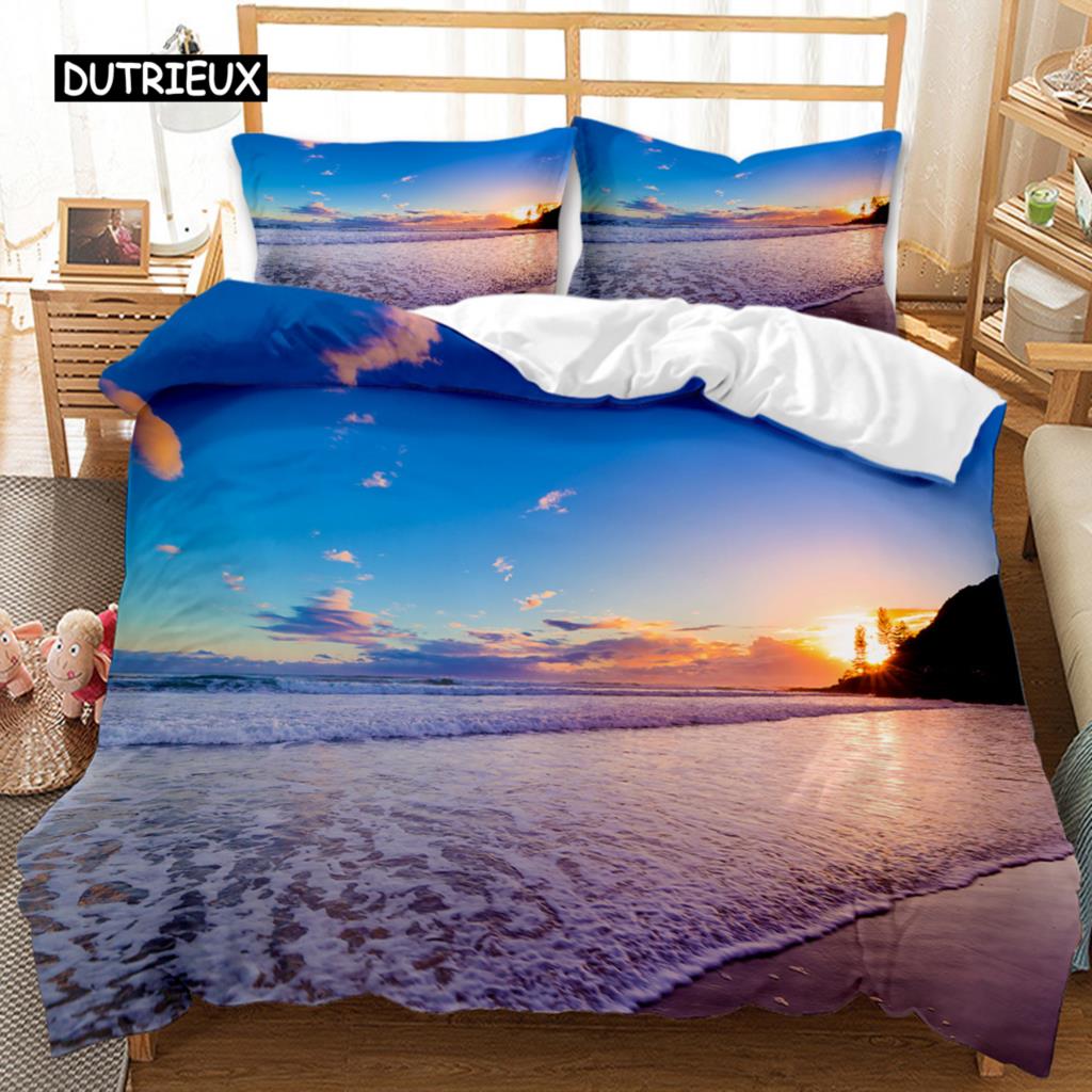 Beach Duvet Cover Set Summer Ocean Bedding Set Hawaiian Marine Sea Waves 3D Print Starfish Polyester Comforter Cover Queen King