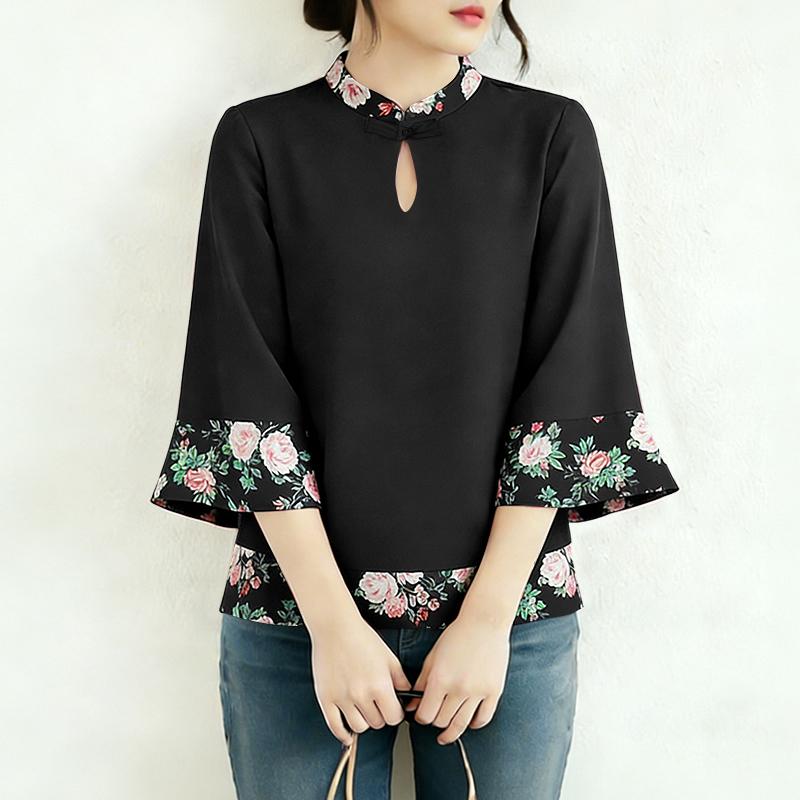 ZANZEA Women Casual Stand Collar Summer Floral Splice 3/4 Sleeve Blouse