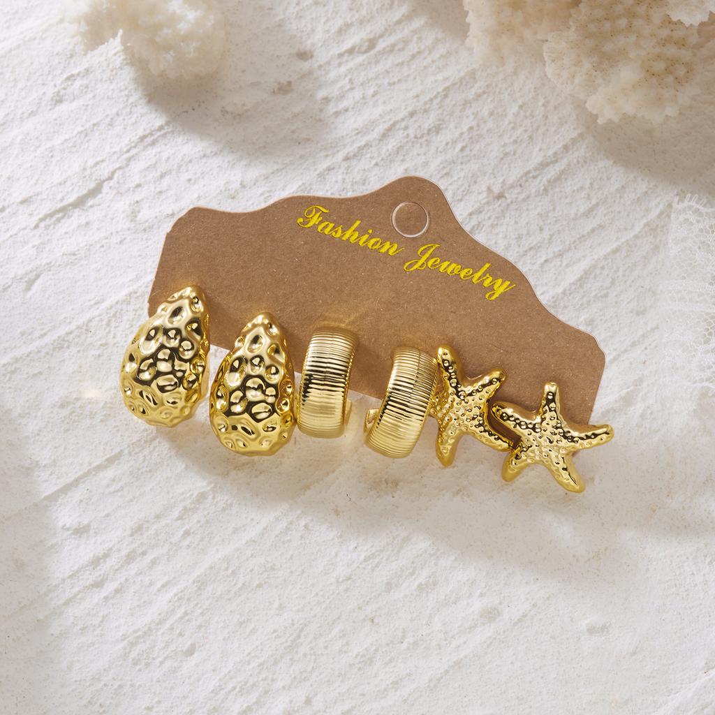 3pairs Gold Color Starfish Shell Conch Stud Earrings Set for Women Plastic CCB Flower Geometry Earrings Summer Party Jewelry