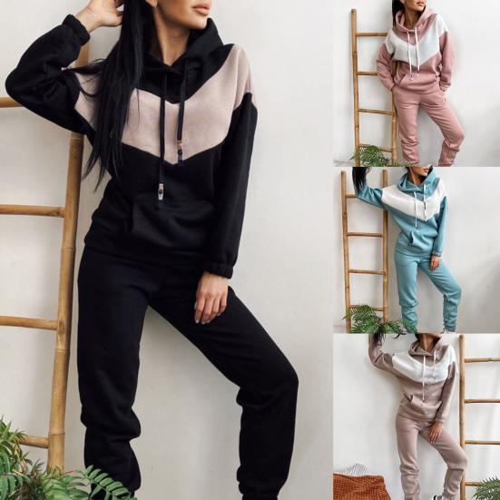 1 Set Hoodie Pants Set Hooded Drawstring Women Contrast Color Sweatshirt Pockets Pants for Sports