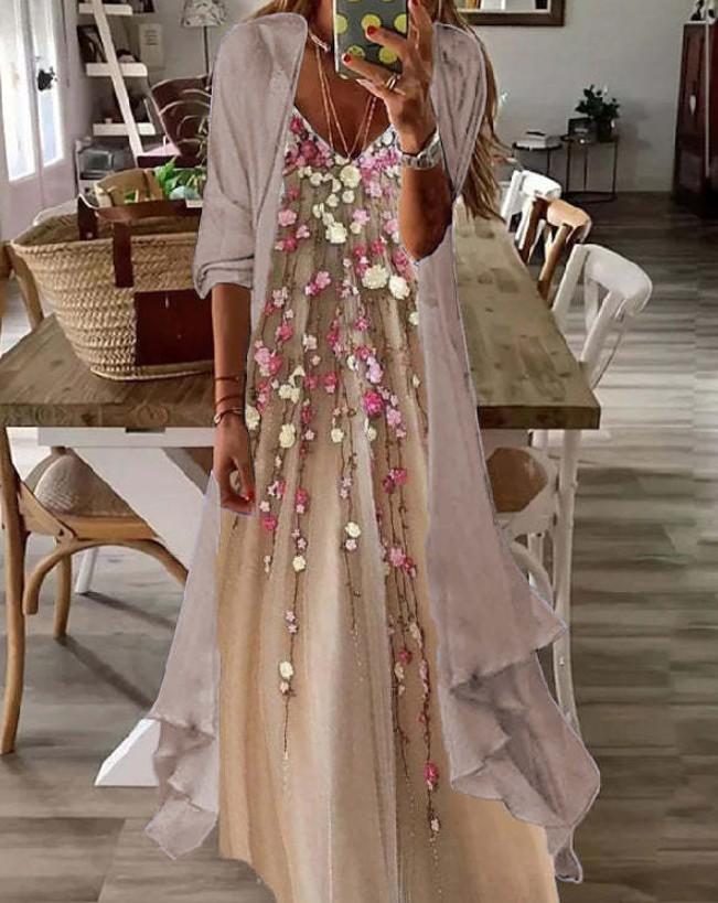 Women's Teal Lace Maxi Dress with Matching Cardigan for Casual Wear