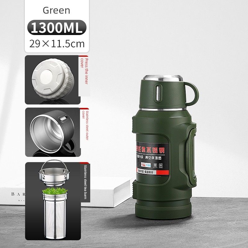 

New Arrival 316 Stainless Steel Thermal Pot Large Capacity Vacuum Cup Outdoor Car Portable Kettle Household Kettle 6L Army Green 1300ml [Approx. 1.25kg Water Capacity]