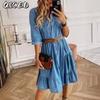 Women's Fashion Summer Spring Solid Color Print 1/2 Sleeves POLO-Neck Casual Dresses