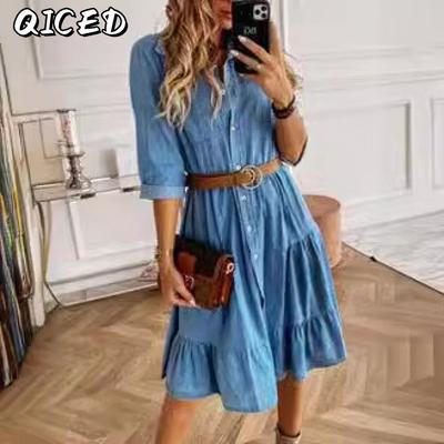 Moda Feminina Verão Primavera Cor Sólida Estampado Mangas 1/2 Vestidos Casuais Gola POLO