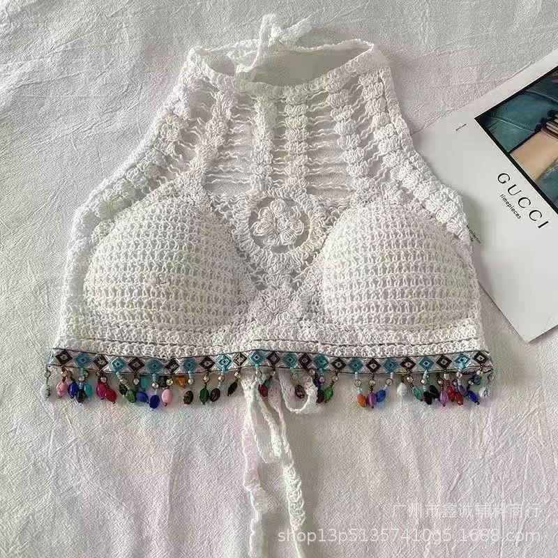 Seaside Fashion Sexy Suspender Vest Lace-up Knitted Beach Beauty Back Holiday Backless Tube Top Hollow Short Top