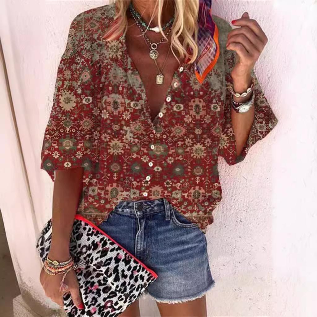 #Fashion Summer Women's Stand-Up Collar Loose Button Retro Printed Casual Shirt