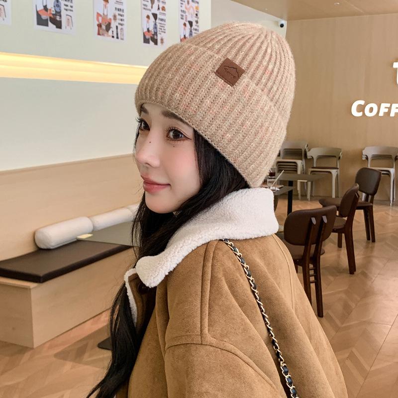 Hat Female Alphabet Leather Label Knitted Wool Hat Winter Warm Student Pullover Hat Thick