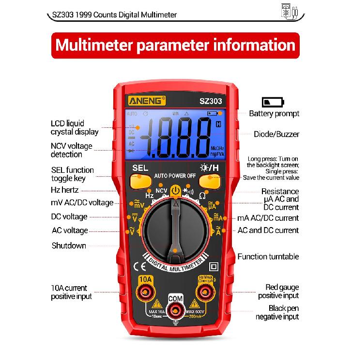 Smart Digital Multimeter ANENG SZ303 1999 Count Professional AC/DC Voltage Current Electrical Data Retention High Precision Tool