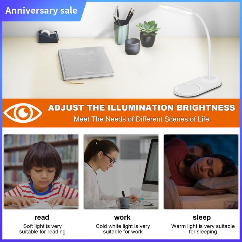 AD23-Dimmable LED Desk Lamp With Wireless Charger, Wireless Charging Desk Light Flexible Rotation Press Control Night Light