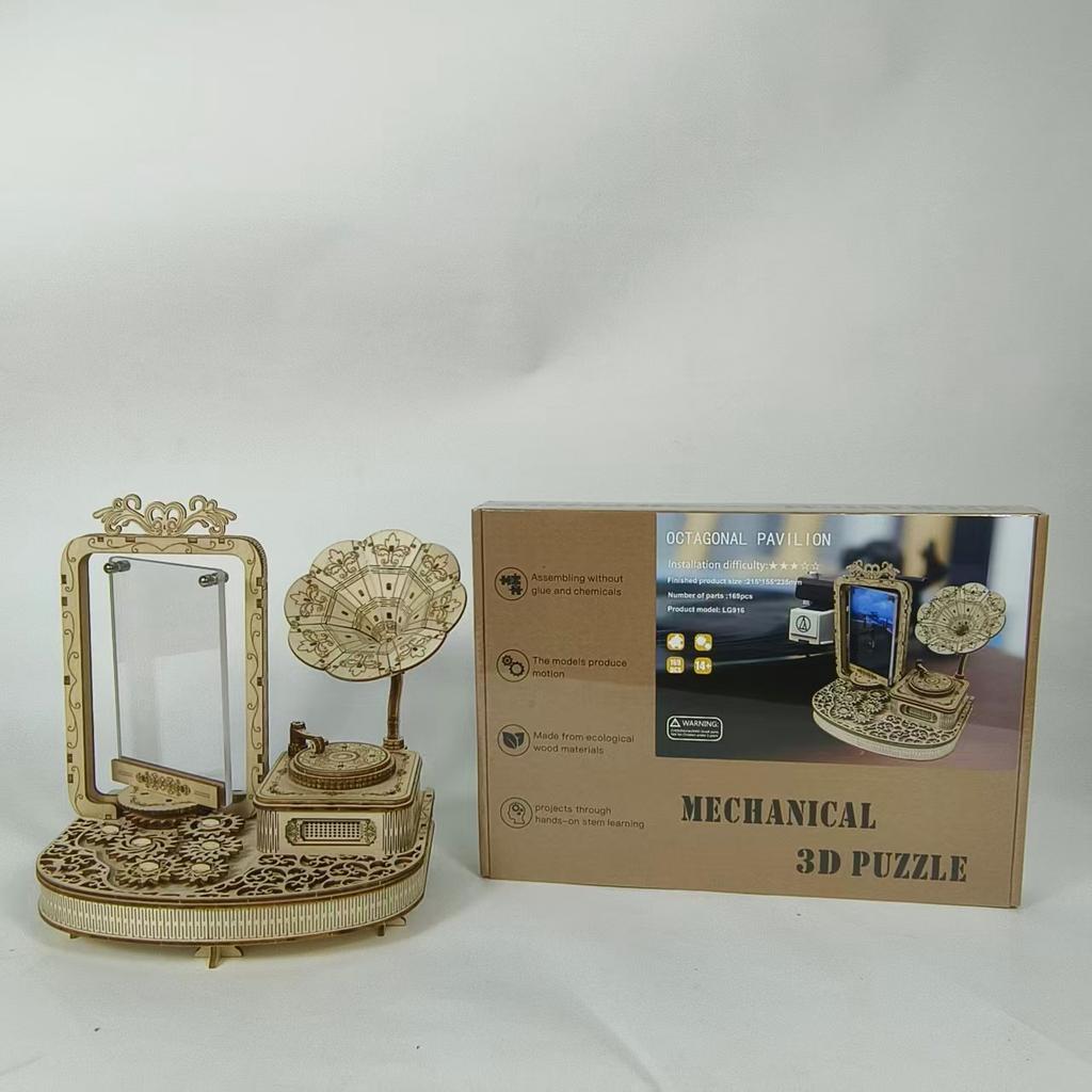 DIY 3D Wooden Puzzle Phonograph Photo Frame Miniature Model Kits Assembly Jigsaw for Kids Adults Birthday Gifts