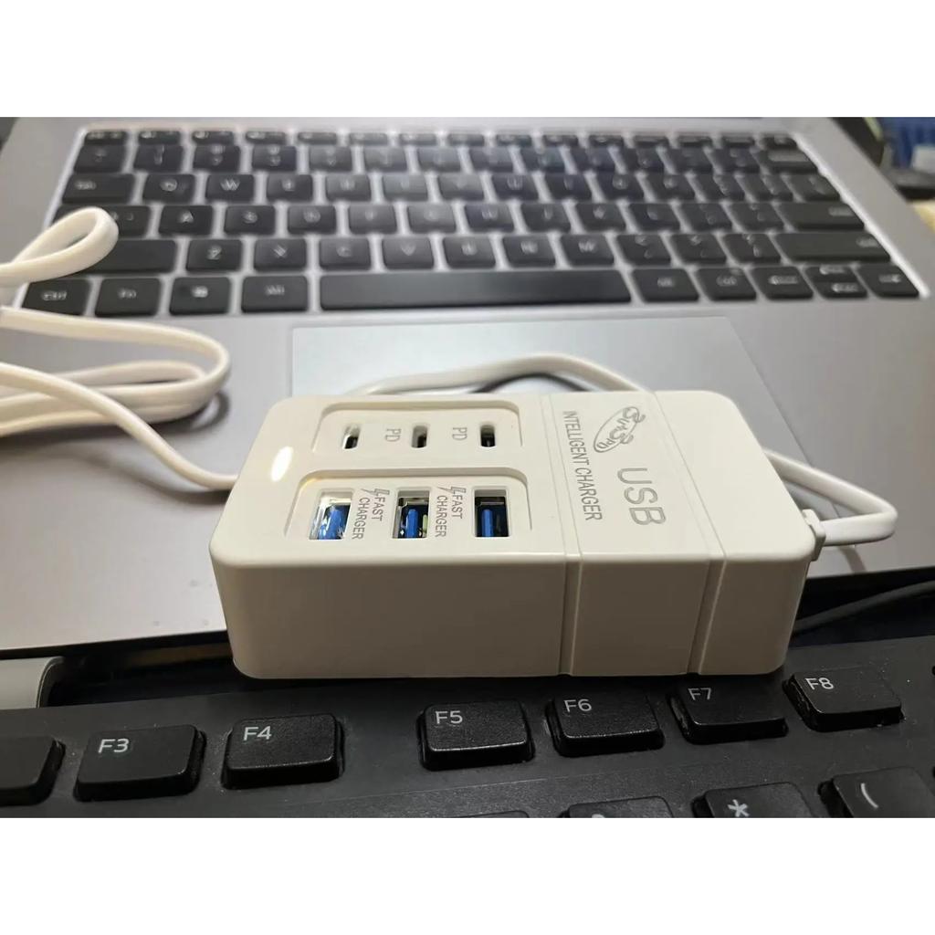 6-in-1 Surge Protector 6-Outlet Extender with 3 USB & 3 Type C Ports Power Strip Multi Plug Outlets Wall Adapter Spaced for Home