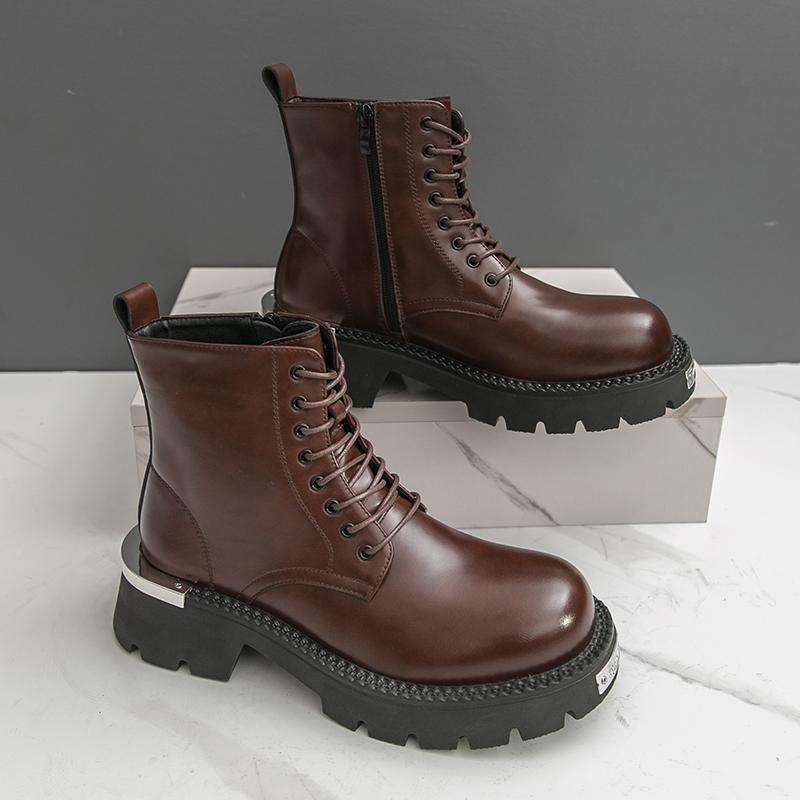 

Fashion Men Business Chelsea Leather Shoes Men Lace-up Comfortable Thick-soled Fashionable Work Boots Outdoor Training Boots Sizes 38-46 46 коричневый
