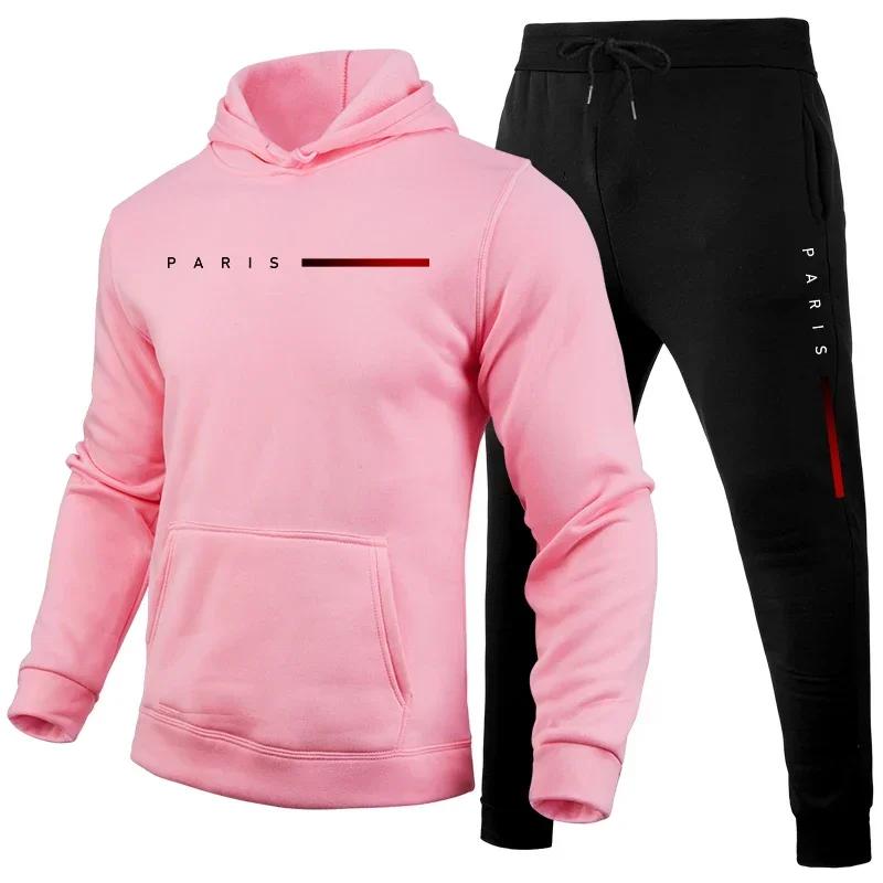 Parisline Men Hoodie & Jogger Set, City Name with Red Gradient Horizontal Bar Chest Print, Thick Fleece Sport Two Piece Outfit for Casual Daily Trips
