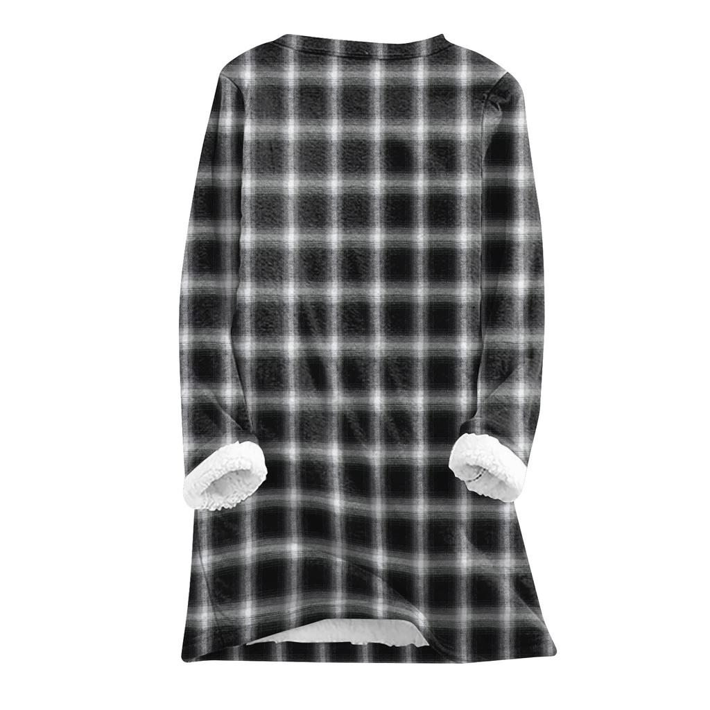 Women's Fashion Plaid Print Round Neck Long Sleeve Plush Winter Warm Pullover Top
