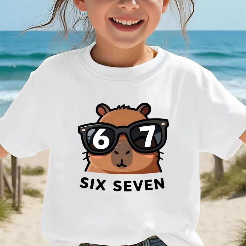 Fun SIX SEVEN Capybara Graphic Tee Shirt Kids Cartoon 6 7 Number Print Cool Style T-Shirt Summer Streetwear Top for Girls Boys