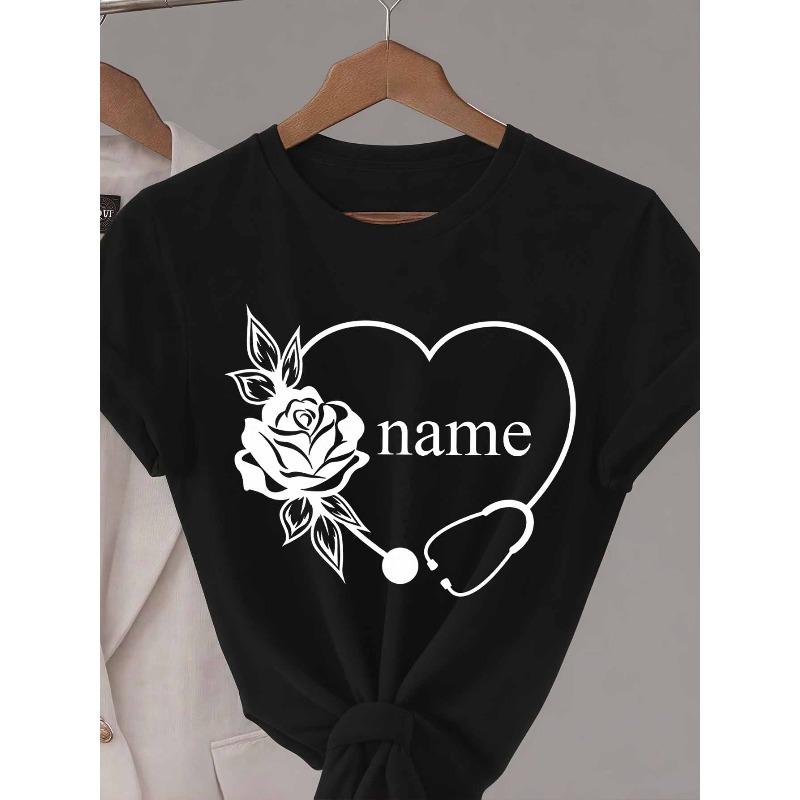 

Womens Customizable Heart Stethoscope Print T Shirt Green Short Sleeve Round Neck Casual Summer Top 4XL чорний