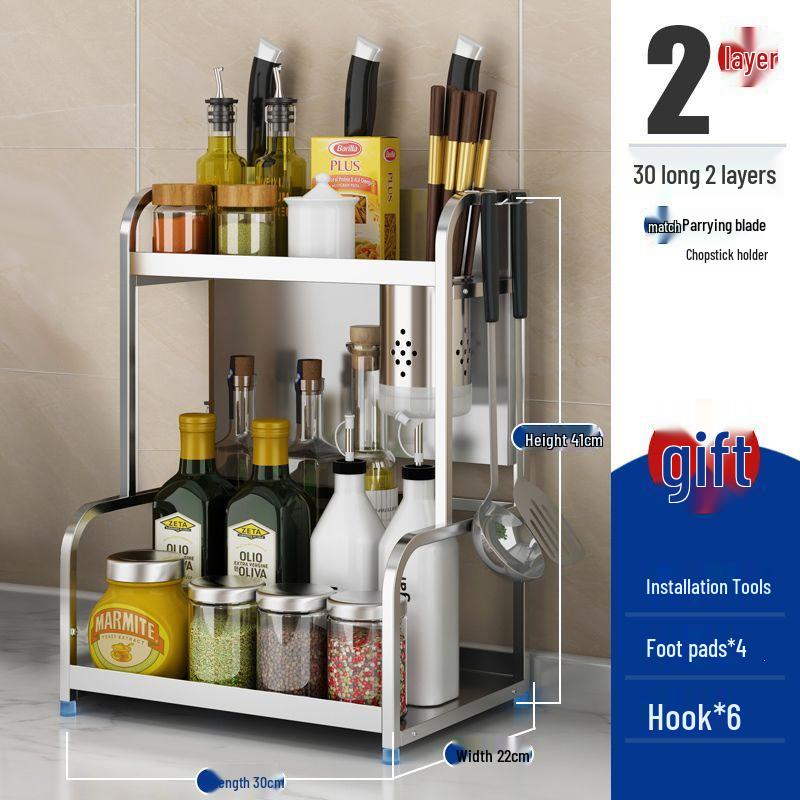Stainless Steel Multi-layer Kitchen Rack: Spice, Knife Holder & Storage