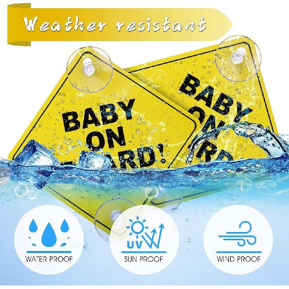 Cobee Baby On Board Car Warning Signs, 2 Pcs 5"X5" Safety Car Sign With Double Suction Cups, Baby In Car Sticker For Car Window Cling Reusable