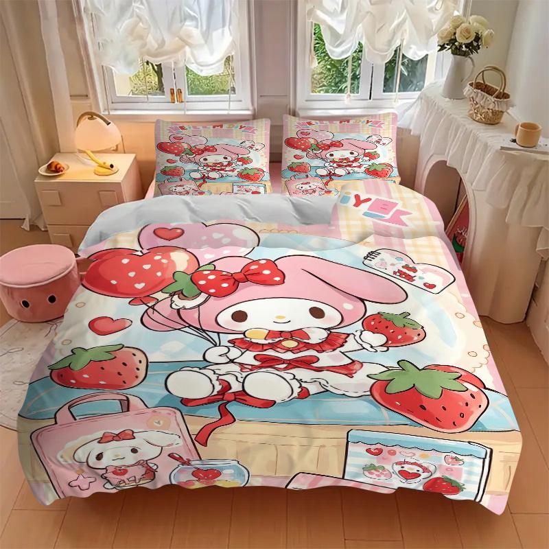 3pcs Strawberry My Melody Bedding Set, Including 1 Quilt Cover and 2 Pillow Shams, Without Filling, Soft and Comfortable Home Bedroom W101
