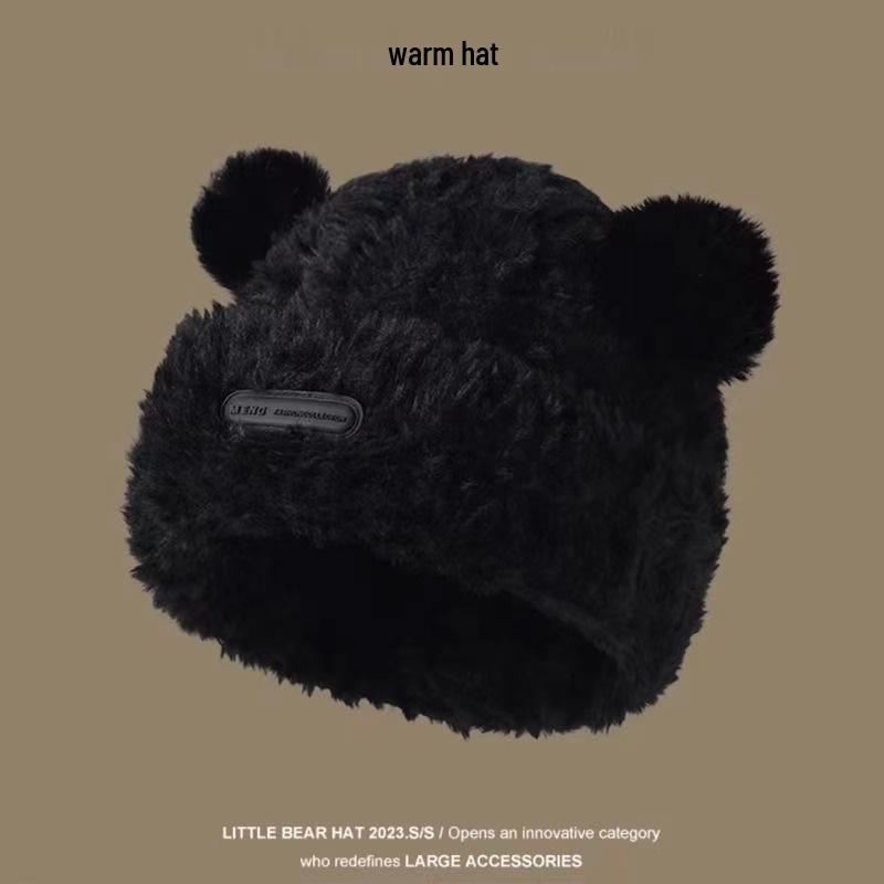2024 Women s Warm Fluffy Knitted Little Bear Hat for Autumn/Winter