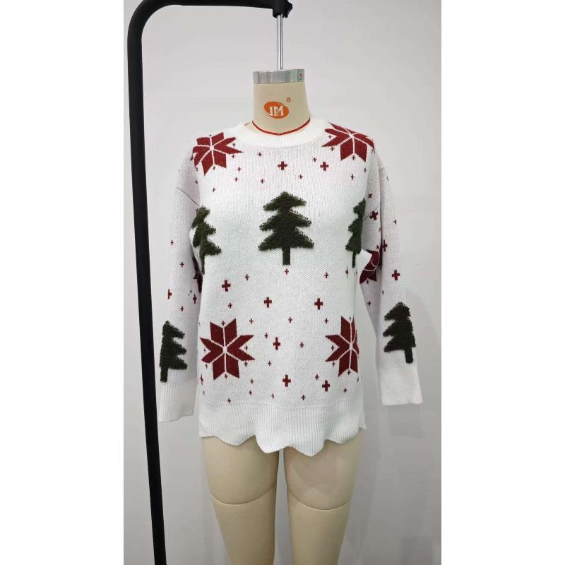 Women's Winter New Snowflake Christmas Tree Print Loose Casual Round Neck Knitted Sweater for Women