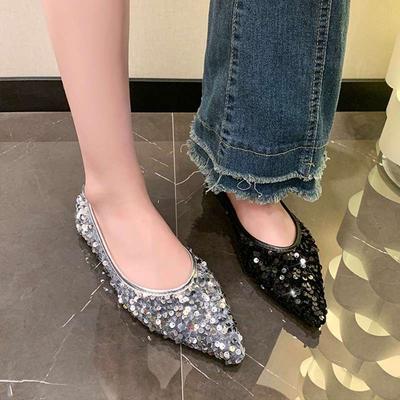 French Sequined Single Shoes Women's Summer 2024 New Pointed Flat Bottom Small Fragrant Fashion Versatile Flat Shoes