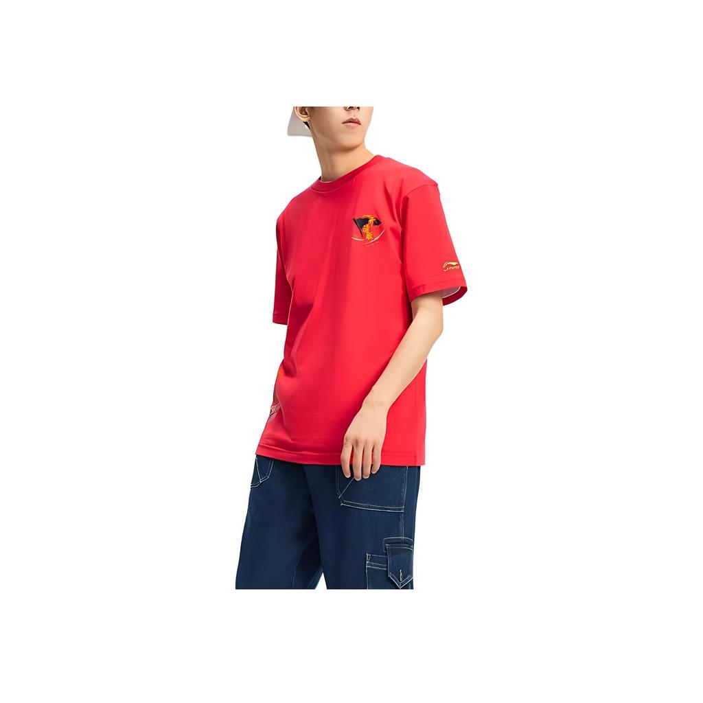 Li-Ning Solid Color Logo Print Round Neck T-Shirt Men Tops Red AHSRB99-2