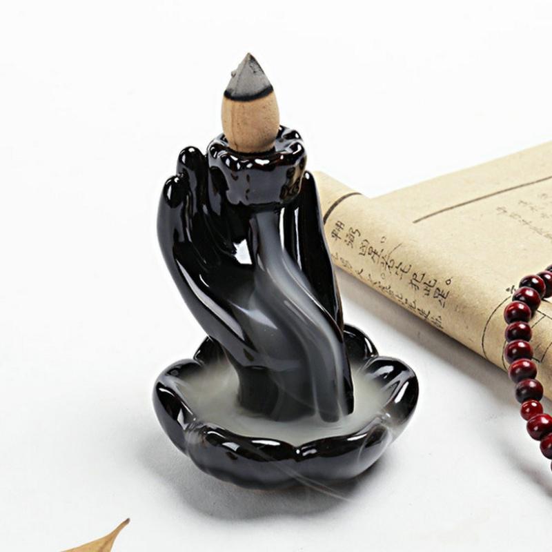 Keramik Rückfluss-Räucherkegelhalter Wasserfall, Lotus Buddha Hand Design, Nebelrauch-Effekt für Zen-Meditation, Heim-Glücksbringer-Dekoration