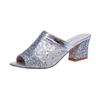 2018 new fashionable versatile cool slippers summer middle heel fish mouth mesh thick heel sandals sequins foreign trade large size women's shoes