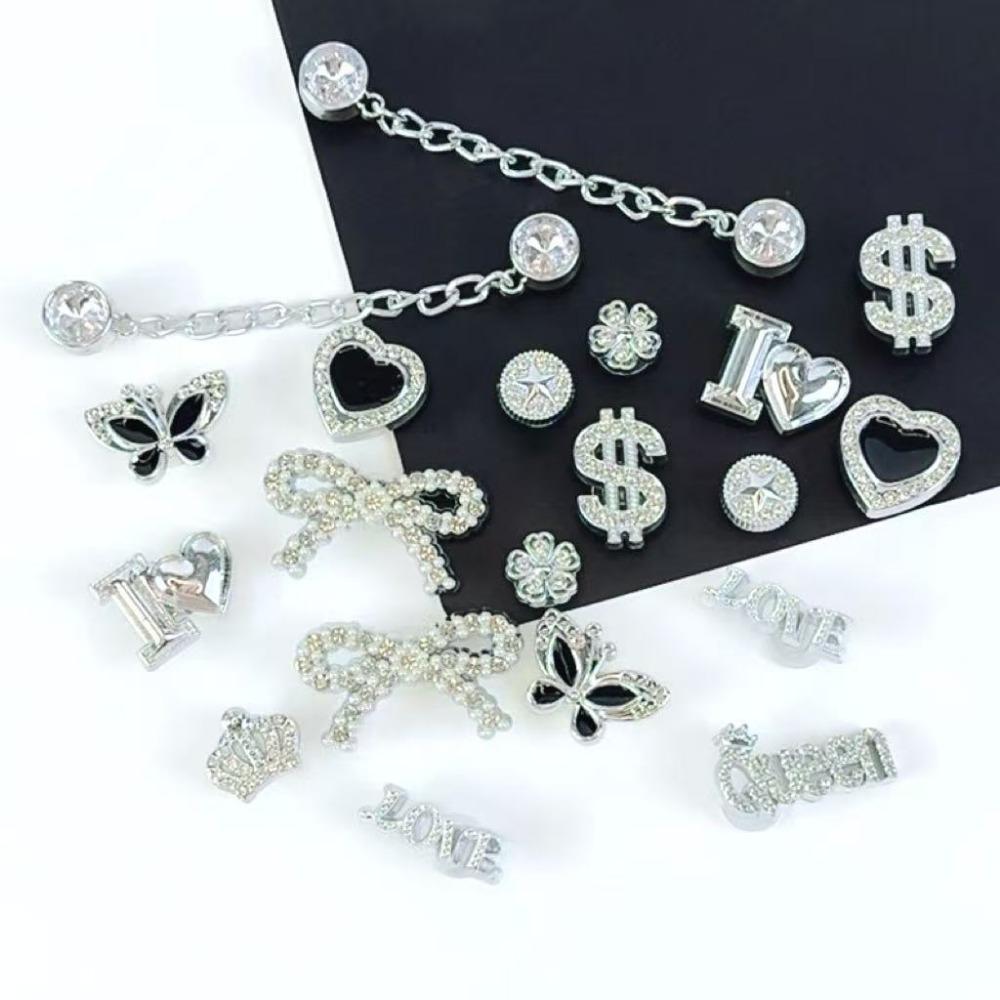 

20PCS Shoe Charm Set Silver Crown Letter Butterfly Diamond Chain Shoe Decorations Buckle for Sandals Clogs DIY Accessories Gift