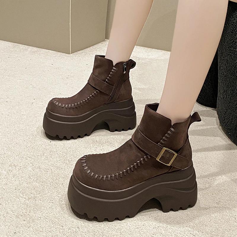 Designer Hohe Plateau Stiefeletten Damen Wildleder Lederschuhe Damen Herbst Winter Schneestiefel Trend Gehen Botas Mujer 9,5CM