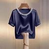 Women's Stylish Pearl Collar Satin T-Shirt: Short-Sleeve, Round Neck, Summer Fashion.