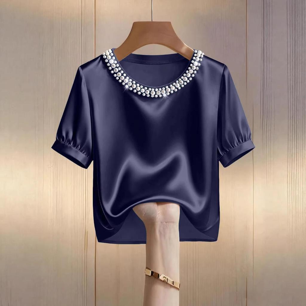 Women's Stylish Pearl Collar Satin T-Shirt: Short-Sleeve, Round Neck, Summer Fashion.