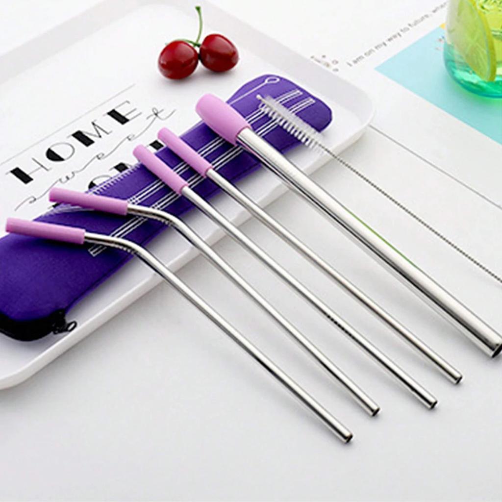 7pcs Eco-Friendly Stainless Steel Straw Set With Silicone Tips, Cleaning Brush & Storage Bag - Reusable Drinking Accessories