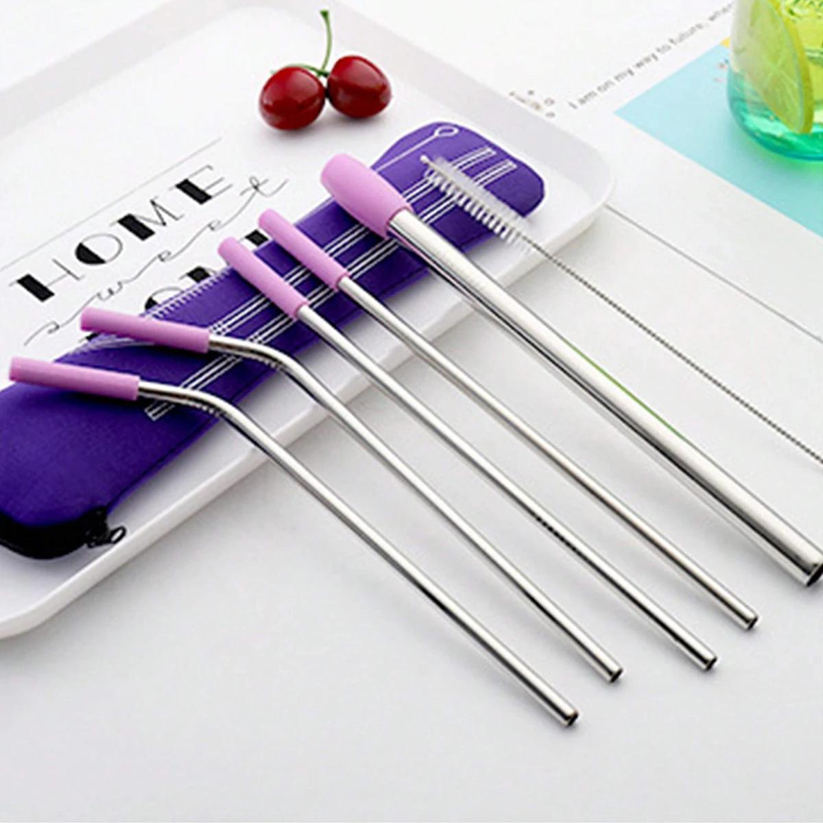 

7pcs Eco-Friendly Stainless Steel Straw Set With Silicone Tips, Cleaning Brush & Storage Bag - Reusable Drinking Accessories фиолетовый